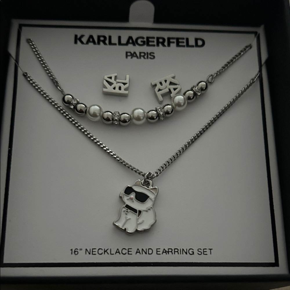Karl Lagerfeld Silver Beaded Choker & Pendant Necklace Set - Picture 2 of 3